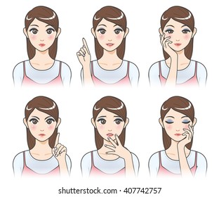 asian woman character set, various pose and expression, cartoon illustration like japanese animation, vector