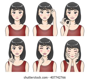 Asian Woman Character Set, Various Pose And Expression, Cartoon Illustration Like Japanese Animation, Vector