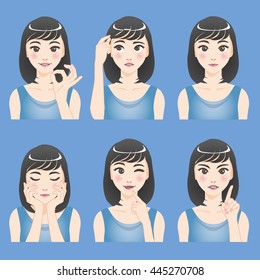asian woman character set, various pose and expression, cartoon illustration, vector