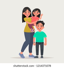 Asian woman with children. Mom with daughter and son. Vector illustration in cartoon style.