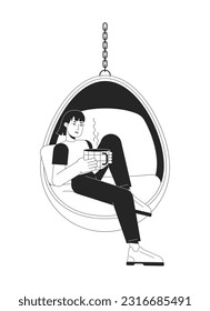 Asian woman with coffee mug in hanging chair flat line black white vector character. Editable outline full body person. Drinking tea simple cartoon isolated spot illustration for web graphic design