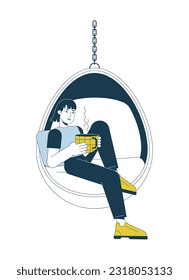 Asian woman with coffee mug in hanging chair flat line color vector character. Editable outline full body person on white. Drinking green tea simple cartoon spot illustration for web graphic design