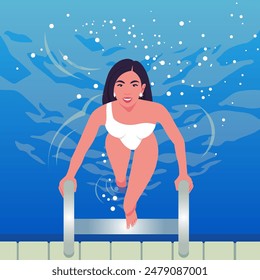 An Asian woman comes out of the pool and climbs the stairs. Summer. Vector flat illustration