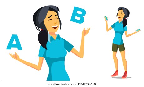Asian Woman Comparing A With B Vector. Creative Idea. Balancing. Customer Review. Isolated Flat Cartoon Illustration
