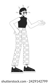 Asian woman complaining black and white 2D line cartoon character. Bad mood adult isolated vector outline person. Gesture body language, emotional expression monochromatic flat spot illustration