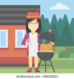 An asian woman cooking chicken on barbecue grill in the backyard. Woman having a barbecue party. Woman preparing chicken on the grill. Vector flat design illustration. Square layout.