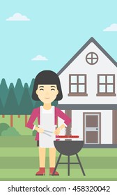 An asian woman cooking meat on the barbecue grill in the backyard. Woman preparing food on barbecue grill. Woman having outdoor barbecue. Vector flat design illustration. Vertical layout.