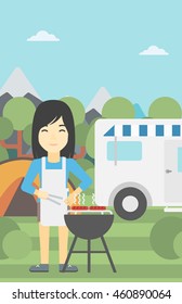 An asian woman cooking meat on barbecue on the background of camper van. Woman travelling by camper van and having barbecue party. Vector flat design illustration. Vertical layout.