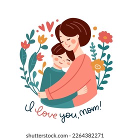 Asian woman cuddling her child  Mom hugging her son and lot love   tenderness  Mother's day holiday isolated concept  Hand drawn flat isolated vector design 
