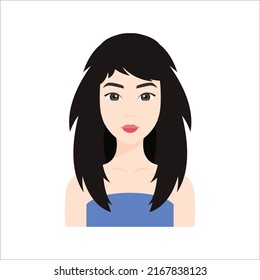 Asian Woman With Damage Long Hair. Dirty And Bad Hair. Portrait Of A Korean Unkempt Lady. Hair Problem On Female Head. Color Cartoon Style. White Background. Vector Illustration For Beauty Design.