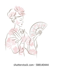 Asian woman dancing with fan. Oriental style painting. Hand drawing illustration with beautiful oriental woman. Vector isolated on white background.