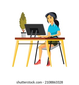 asiatische Frau entwickelt Anwendung auf Computer-Cartoon-Vektorgrafik. asiatische Frau, die eine Anwendung auf Computercharakter entwickelt. einzelne Cartographie