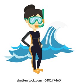 Asian woman in diving suit and mask standing on the background of a big sea wave. Woman enjoying snorkeling. Diver ready for snorkeling. Vector flat design illustration isolated on white background.