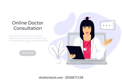 Asian Woman doctor consults online by video call on laptop. Telemedicine concept. Chat with a medical worker. Web page template.