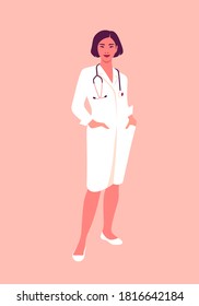 Una doctora asiática con uniforme médico. Retrato completo de profesional. Trabajar en un hospital o clínica. Ilustración de vector conceptual en estilo plano