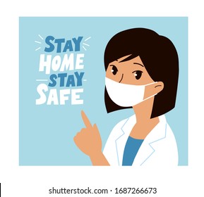 Asian woman doctor wearing mask with STAY HOME message. Cartoon female character. Coronavirus Covid-19, quarantine motivational poster. Vector design for social media, prints, banners.