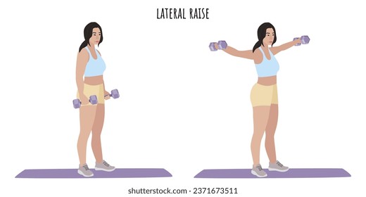 Asian woman doing lateral raise exercise. Feminism, self acceptance and liberty. Active lifestyle. Sport, wellness, workout, fitness. Flat vector illustration