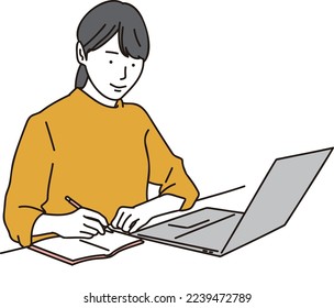 Asiatische Frau, die an einem Computer recherchiert