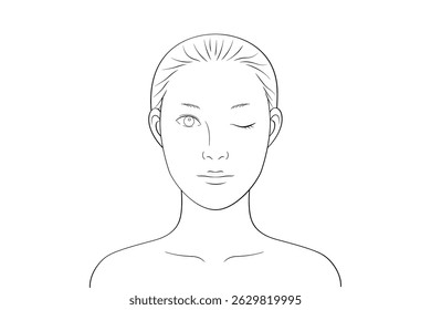 Asian woman with double eyelids, one eye closed, no makeup, front view, line drawing for makeup practice and simulation