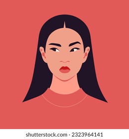 Asian woman in doubt. Portrait of a pensive student. Skeptic. Avatar. Vector flat illustration.