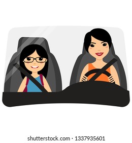 Asian Woman Driver With Her Kid Passenger. Lady Driving. Seat Belt, Front Window View.  Eps 10 Vector Illustration