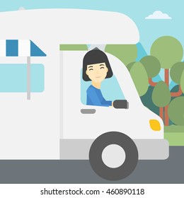 An asian woman driving a motor home in the forest. Woman travelling by camper van. Vector flat design illustration. Square layout.