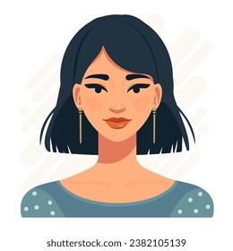 Asian woman with earrings in a blue dress. Portrait cartoon avatar for social networks.