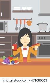Uma asiática comendo fast food. Mulher segurando fast food na cozinha. Mulher escolhendo entre fast food e comida saudável. Ilustração de design plano vetorial. Layout vertical.