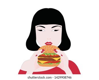Asian woman eating hamburger isolated on white background. Fast food concept