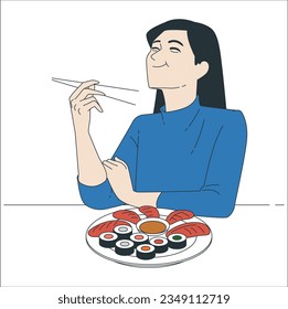 Asian woman eating sushi and rolls. Young brunette woman girl in casual clothes hold in hand Makizushi sushi roll served on black plate traditional Japanese food isolated. woman eating sushi. 2320 