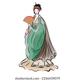 Asian woman in ethnic costume,Japanese traditional kimono,ink painting.
 in oriental style sumi e, wu shin, go hua,
SSTKabstract,
vector illustration.