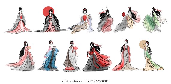 Asian woman in ethnic costume,Japanese traditional kimono,ink painting.
 in oriental style sumi e, wu shin, go hua,
SSTKabstract,
vector illustration.