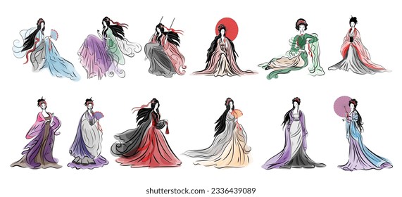 Asian woman in ethnic costume,Japanese traditional kimono,ink painting.
 in oriental style sumi e, wu shin, go hua,
SSTKabstract,
vector illustration.