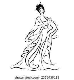 Asian woman in ethnic costume,Japanese traditional kimono,ink painting.
 in oriental style sumi e, wu shin, go hua,
SSTKabstract,
vector illustration.