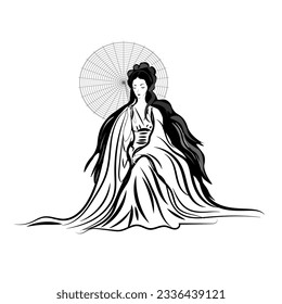 Asian woman in ethnic costume,Japanese traditional kimono,ink painting.
 in oriental style sumi e, wu shin, go hua,
SSTKabstract,
vector illustration.