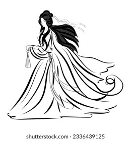 Asian woman in ethnic costume,Japanese traditional kimono,ink painting.
 in oriental style sumi e, wu shin, go hua,
SSTKabstract,
vector illustration.