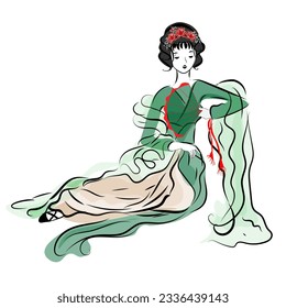 Asian woman in ethnic costume,Japanese traditional kimono,ink painting.
 in oriental style sumi e, wu shin, go hua,
SSTKabstract,
vector illustration.