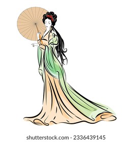 Asian woman in ethnic costume,Japanese traditional kimono,ink painting.
 in oriental style sumi e, wu shin, go hua,
SSTKabstract,
vector illustration.