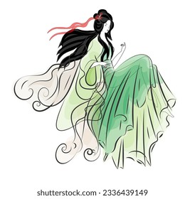 Asian woman in ethnic costume,Japanese traditional kimono,ink painting.
 in oriental style sumi e, wu shin, go hua,
SSTKabstract,
vector illustration.