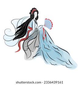 Asian woman in ethnic costume,Japanese traditional kimono,ink painting.
 in oriental style sumi e, wu shin, go hua,
SSTKabstract,
vector illustration.