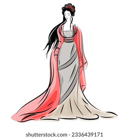 Asian woman in ethnic costume,Japanese traditional kimono,ink painting.
 in oriental style sumi e, wu shin, go hua,
SSTKabstract,
vector illustration.
