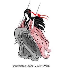 Asian woman in ethnic costume,Japanese traditional kimono,ink painting.
 in oriental style sumi e, wu shin, go hua,
SSTKabstract,
vector illustration.