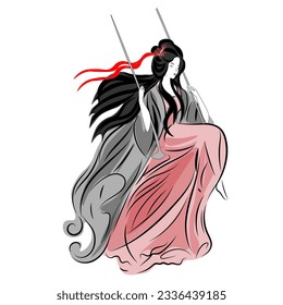 Asian woman in ethnic costume,Japanese traditional kimono,ink painting.
 in oriental style sumi e, wu shin, go hua,
SSTKabstract,
vector illustration.