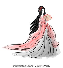 Asian woman in ethnic costume,Japanese traditional kimono,ink painting.
 in oriental style sumi e, wu shin, go hua,
SSTKabstract,
vector illustration.