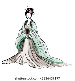Asian woman in ethnic costume,Japanese traditional kimono,ink painting.
 in oriental style sumi e, wu shin, go hua,
SSTKabstract,
vector illustration.