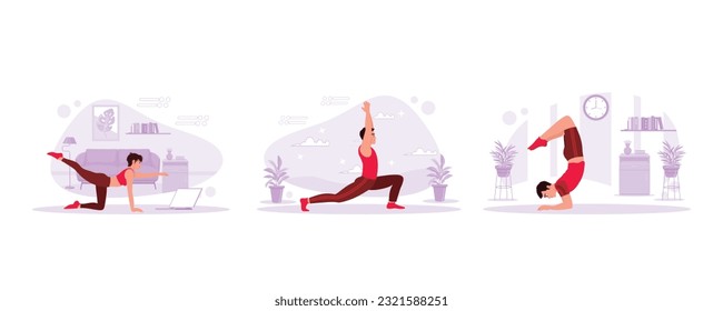 Asian woman exercises muscles by watching videos on a laptop. Handsome young man practicing yoga outdoors. Side view of a man practicing yoga in a scorpion pose. Trend Modern vector flat illustration.