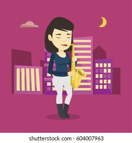 Asian woman with eyes closed playing on saxophone in the night. Pleased musician playing on saxophone. Musician with saxophone in the city street. Vector flat design illustration. Square layout.