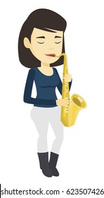 Asian woman with eyes closed playing on saxophone. Pleased musician playing on saxophone. Musician with saxophone. Vector flat design illustration isolated on white background.