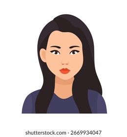 Mujer asiática, cara. Clipart de Vector plano, ilustración con fondo aislado.