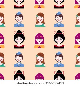 La mujer asiática se enfrenta a un patrón sin fisuras, una impresión a color brillante con una chica asiática con disfraces diferentes para el diseño textil y el vector de ilustración de empaque